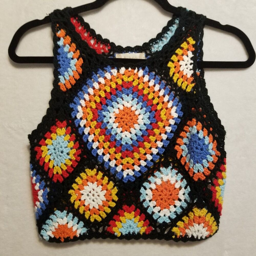 Altar'd State XS Tank Top Granny Square Boho Cropped Crochet Retro Festival